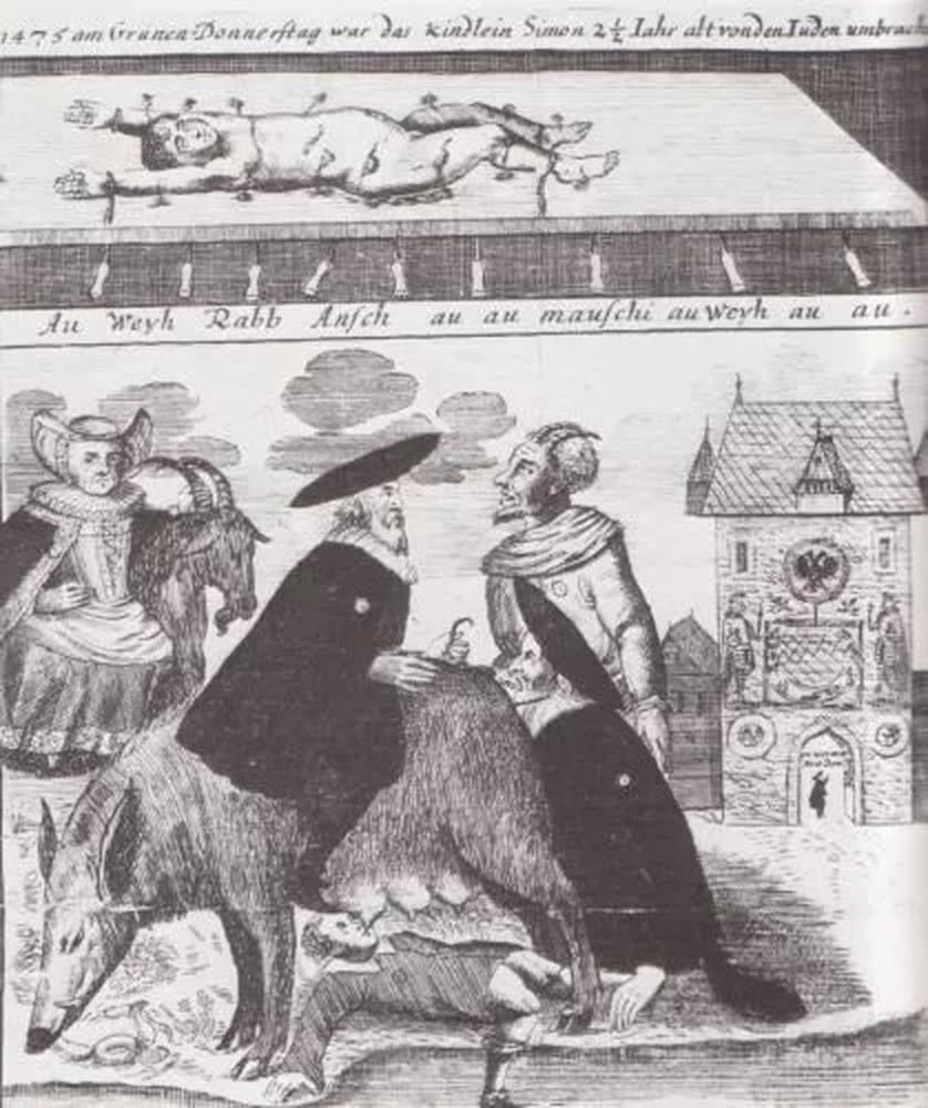 18th-century engraving depicting a historical blood libel legend, reproduced as a historical document.