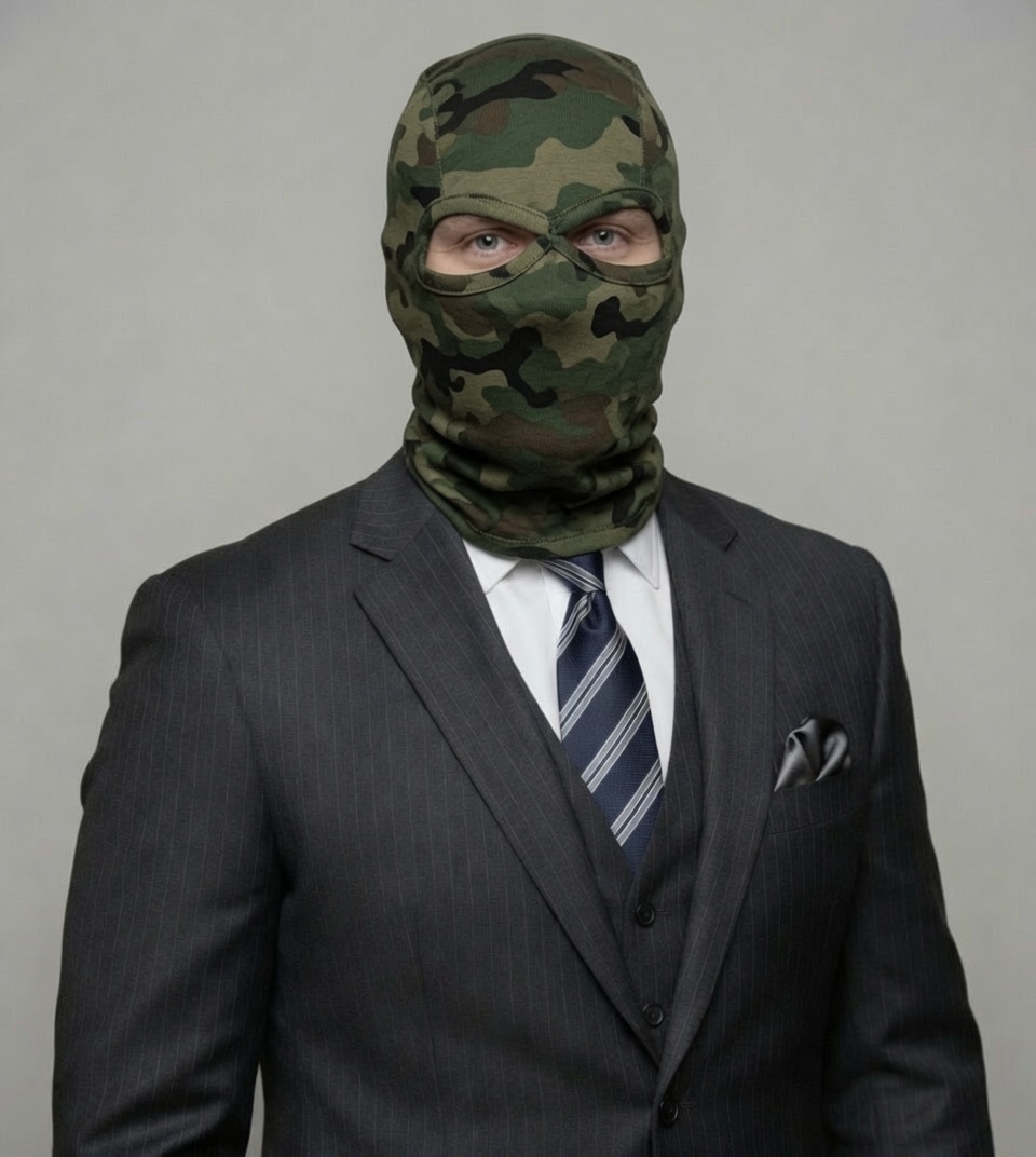 A man in a pinstripe suit and tie wearing a camouflage balaclava.