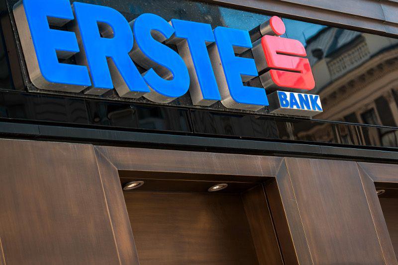 Erste Bank signage in blue and red on a building facade.