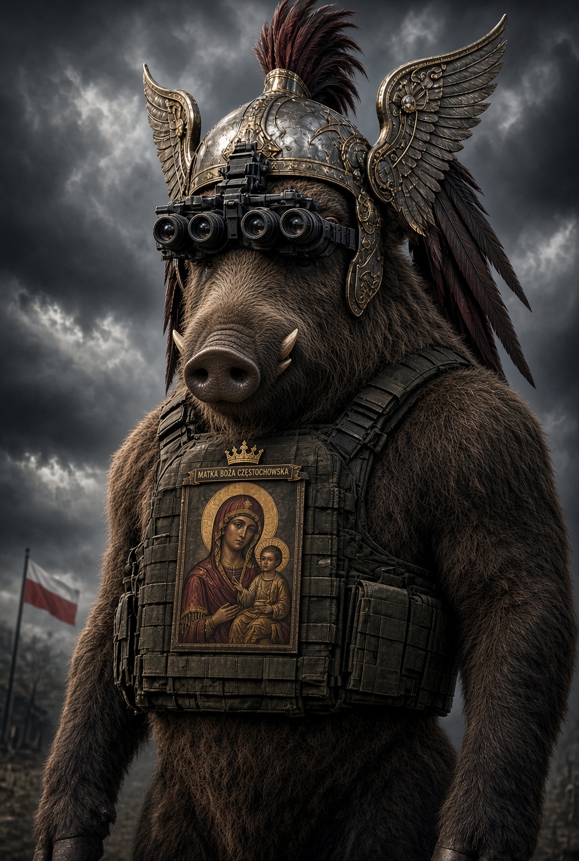 Illustration of an armored boar wearing a winged hussar helmet with night-vision goggles and a plate carrier bearing an icon of the Black Madonna of Częstochowa.