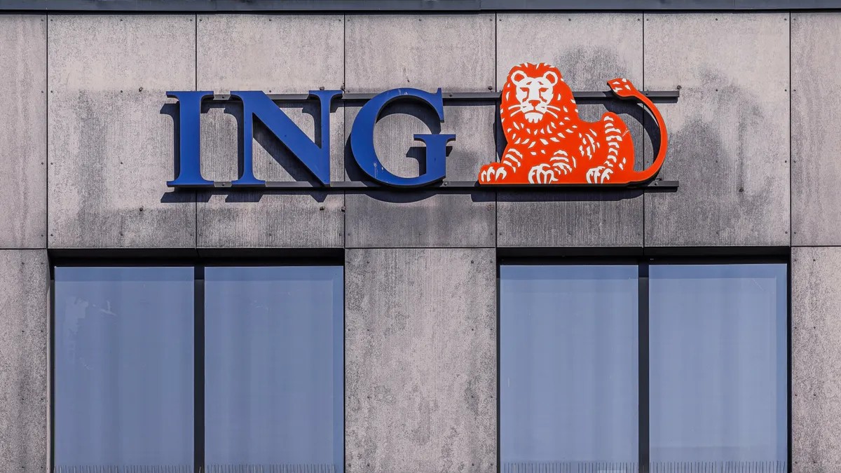 ING Bank Śląski logo signage with the orange lion mascot on a building facade.
