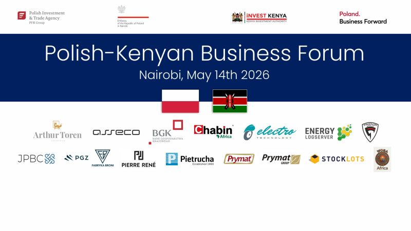 Polish-Kenyan Business Forum 2026 banner, Nairobi, May 14th 2026, with Polish and Kenyan flags and participating company logos.
