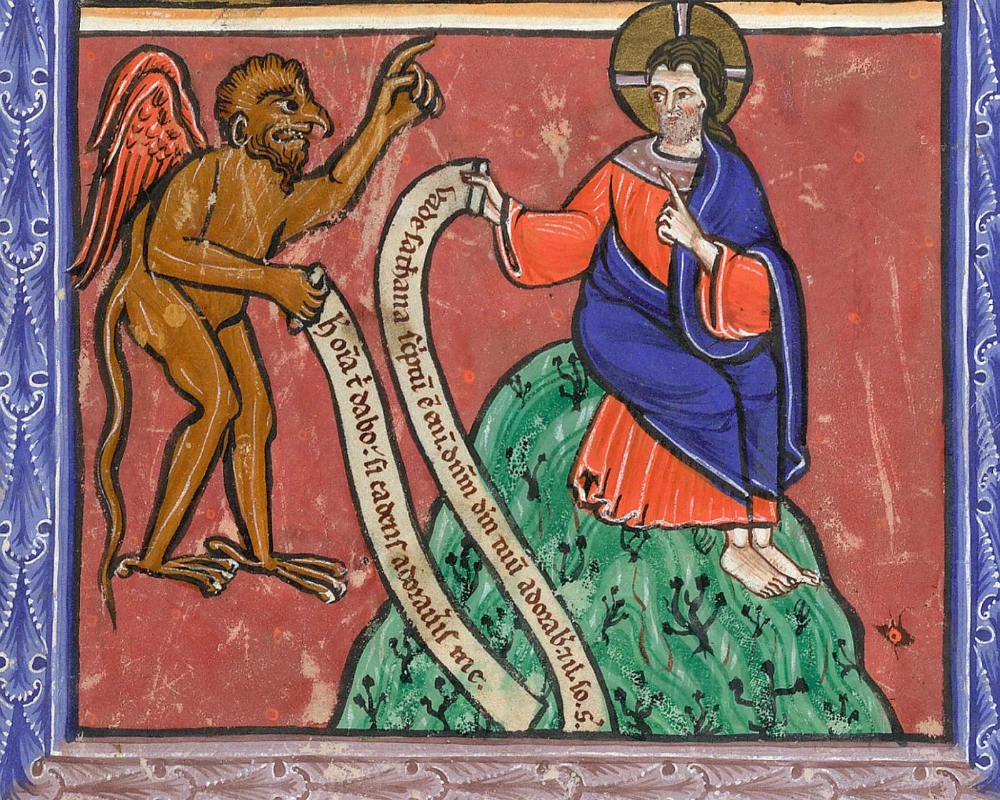 Medieval illuminated manuscript miniature depicting the temptation of Christ.