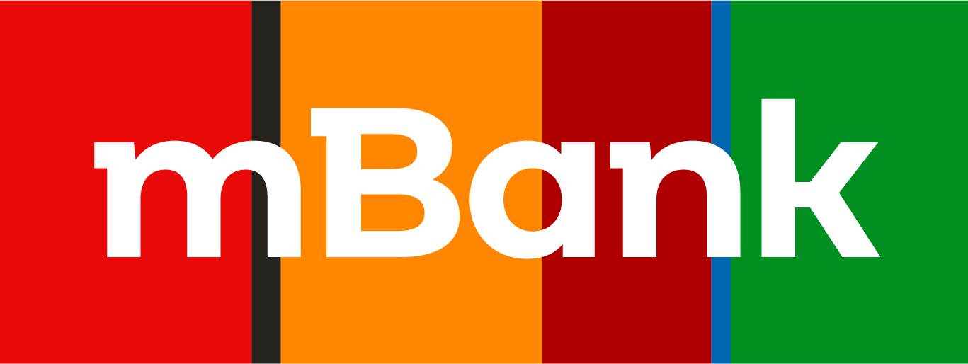 mBank logo in white on a striped red, orange, dark red and green background.
