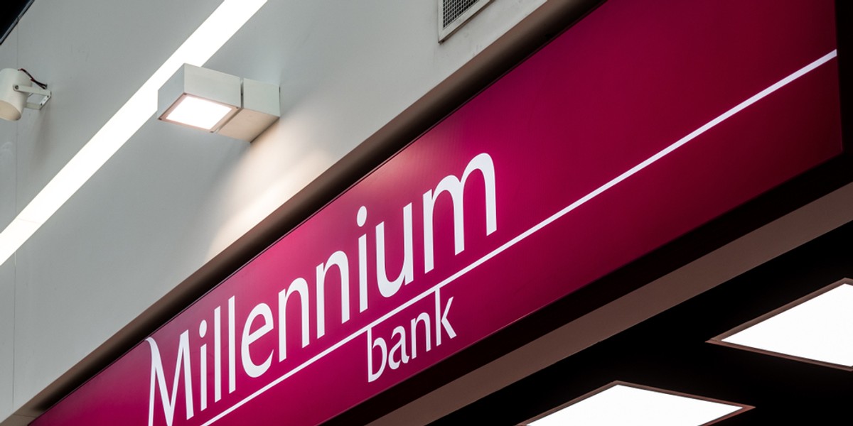 Bank Millennium logo signage in maroon and white.