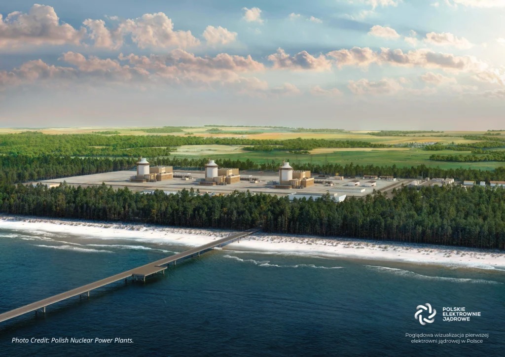 Visualization of Poland's first nuclear power plant at Lubiatowo-Kopalino on the Baltic coast, showing three reactor units surrounded by forest with a pier extending into the sea.