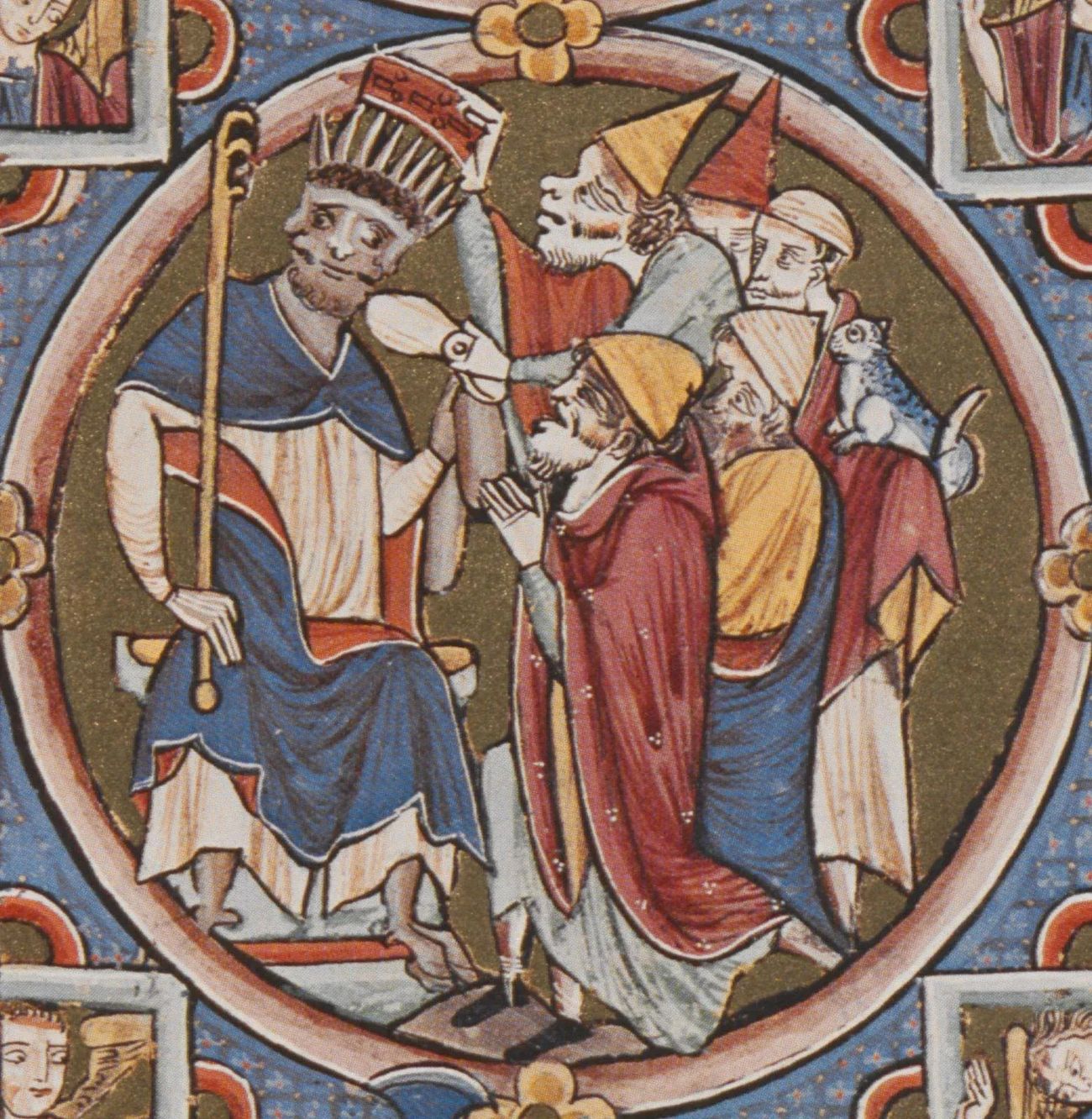 Medieval illuminated manuscript miniature depicting a royal court scene, evoking the era's world of crown and clergy.