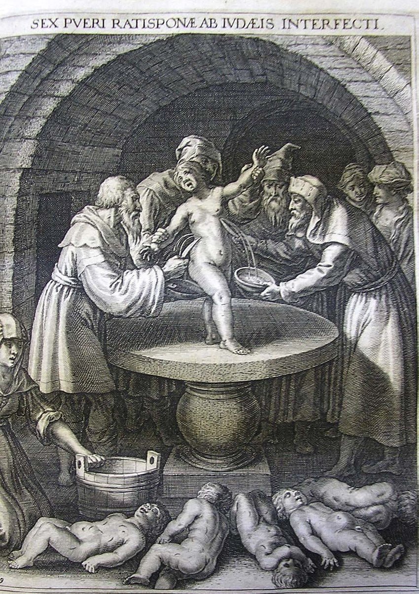 17th-century engraving depicting a historical blood libel accusation, relevant to the 1547 Rawa Mazowiecka trial.